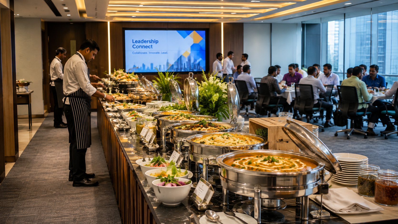 Corporate catering team serving guests